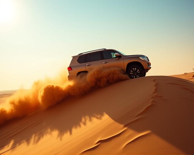 A 4x4 vehicle driving over a large sand dune.