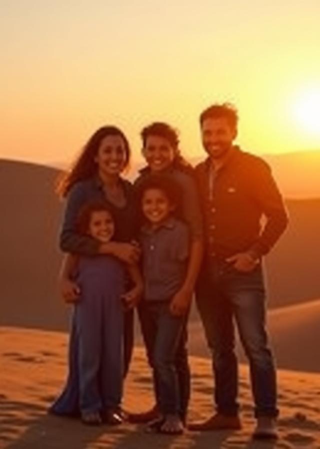 A happy family posing for a photo in the desert at sunset.