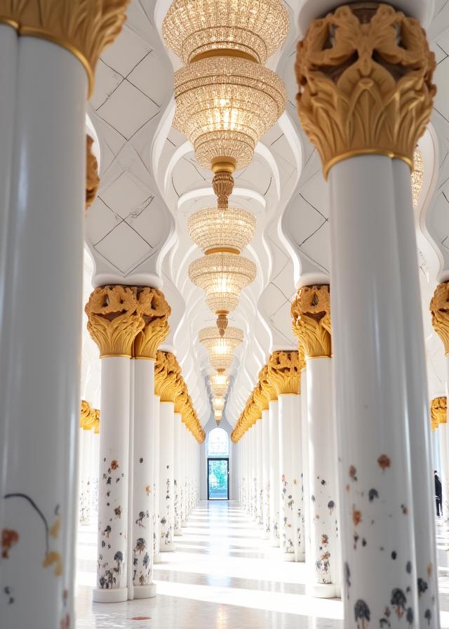 Intricate interior details of the Sheikh Zayed Grand Mosque.