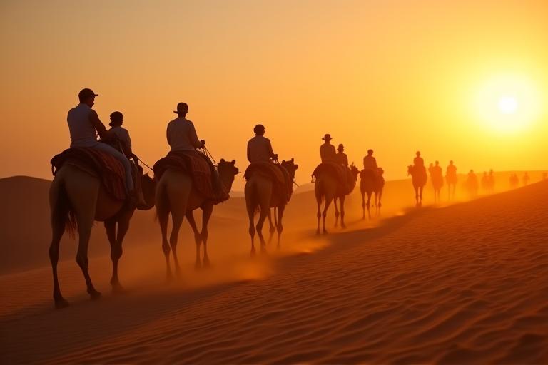 Tourists riding camels in the desert at sunset.