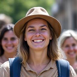 A friendly local guide explaining a landmark to tourists.