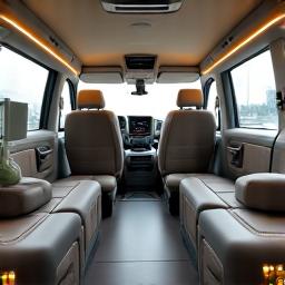 Interior of a clean and luxurious tour vehicle.